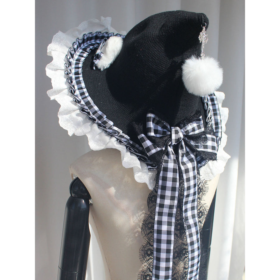 Original handmade cat witch hat, black and white checkered lolita cat ears, cute gothic witch pointed witch hat