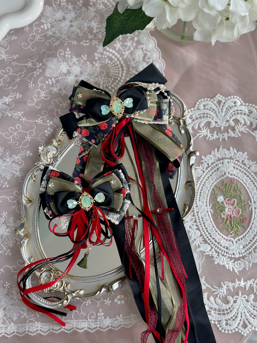 Black and dark green flower ribbon bow