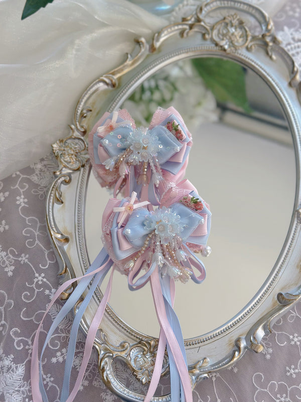 Pink blue heavy flowers Lolita pair clip