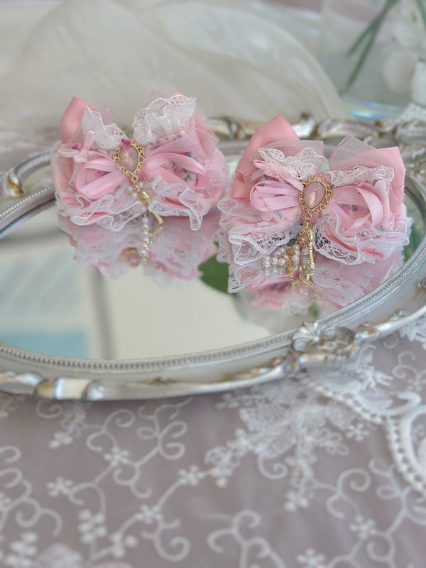 Pink floral romantic Lolita bow pair clip