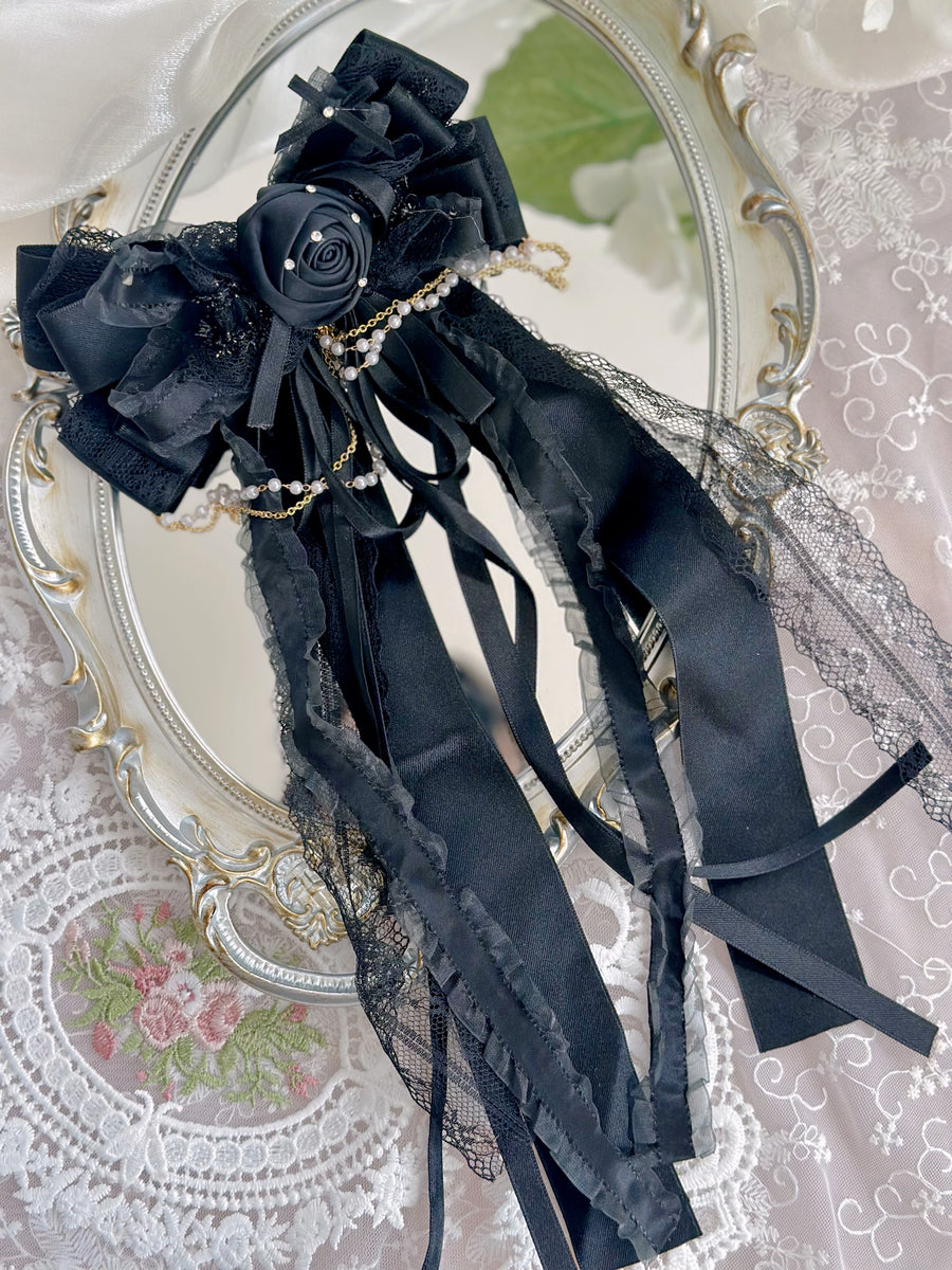 Black handmade flower Lolita bow streamer