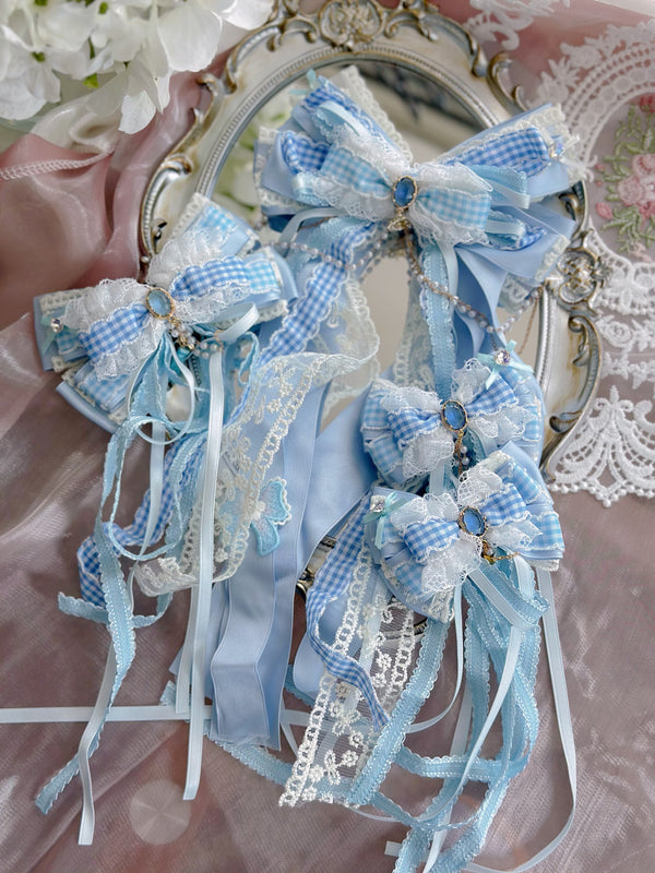 Blue plaid lace Lolita with long floaty ribbons