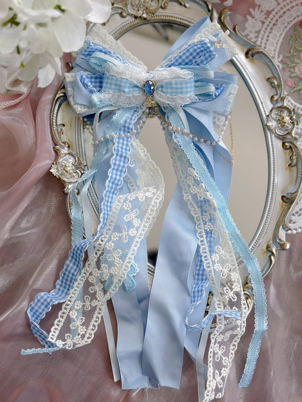 Blue plaid lace Lolita with long floaty ribbons