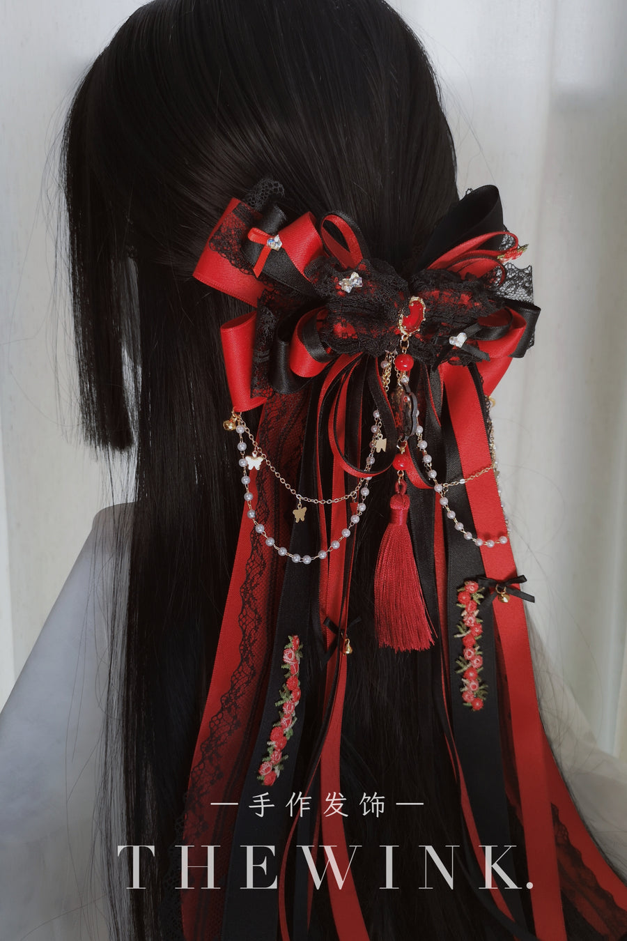 Black and red lolita long floating ribbon