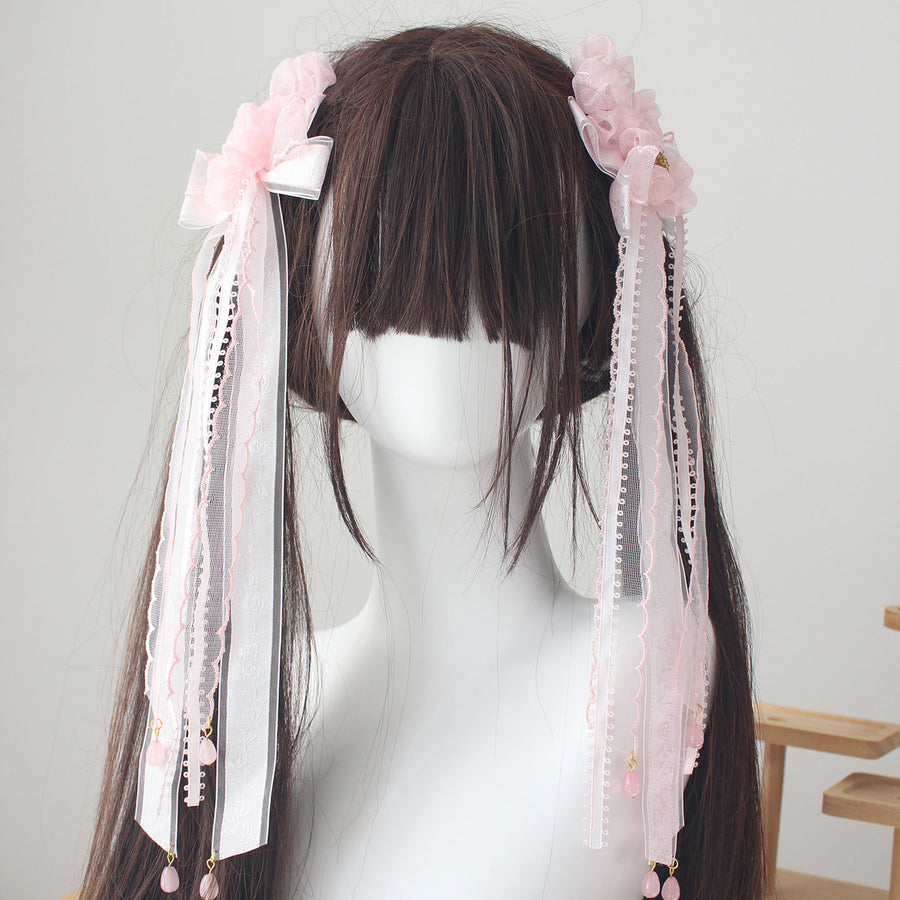Apricot blossoms in the light rain, Lolita handmade hair clips, sea reflection of the moon, falling cherry blossoms, ancient style pink cherry blossom long ribbon hair clips