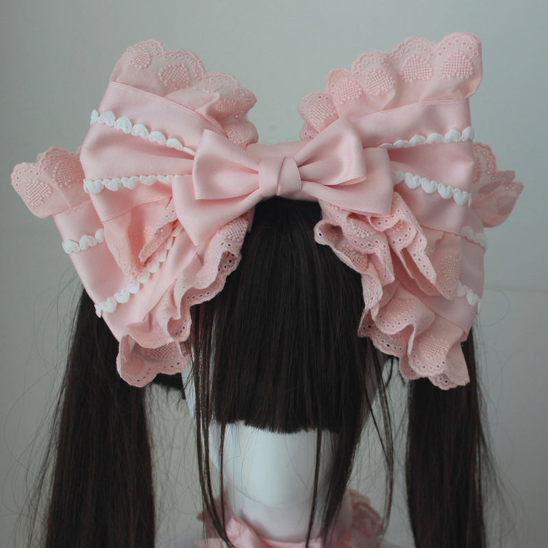 Original pure cotton lace bow pink doll-like headband, Lolita hair accessory, handmade trinkets
