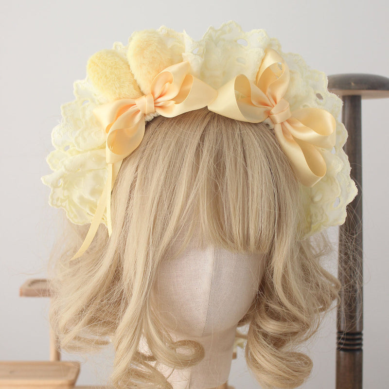 Original handmade sweet Lolita style light yellow hair accessories, creamy yellow Lolita trinkets, cute headbands, and small hats