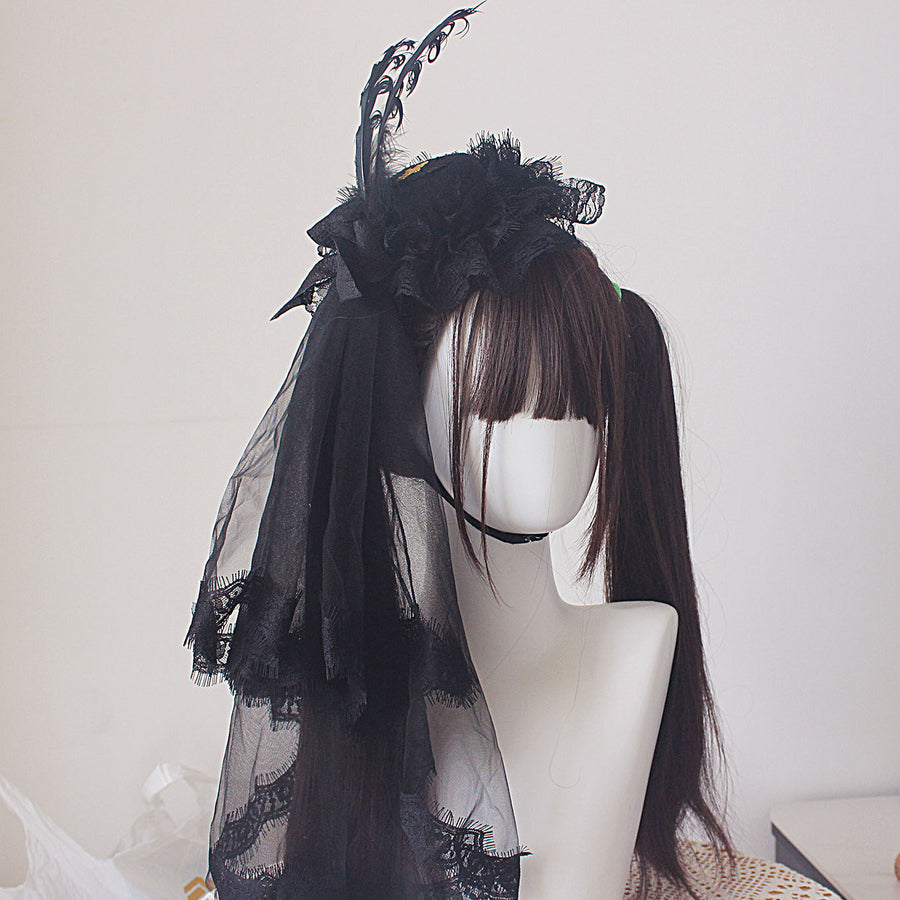 Handmade Gothic Black and White Feather Lolita Veil, Top Hat, Sparrow Feather Accessories, Thousand Pile Snow Lolita Hair Acce