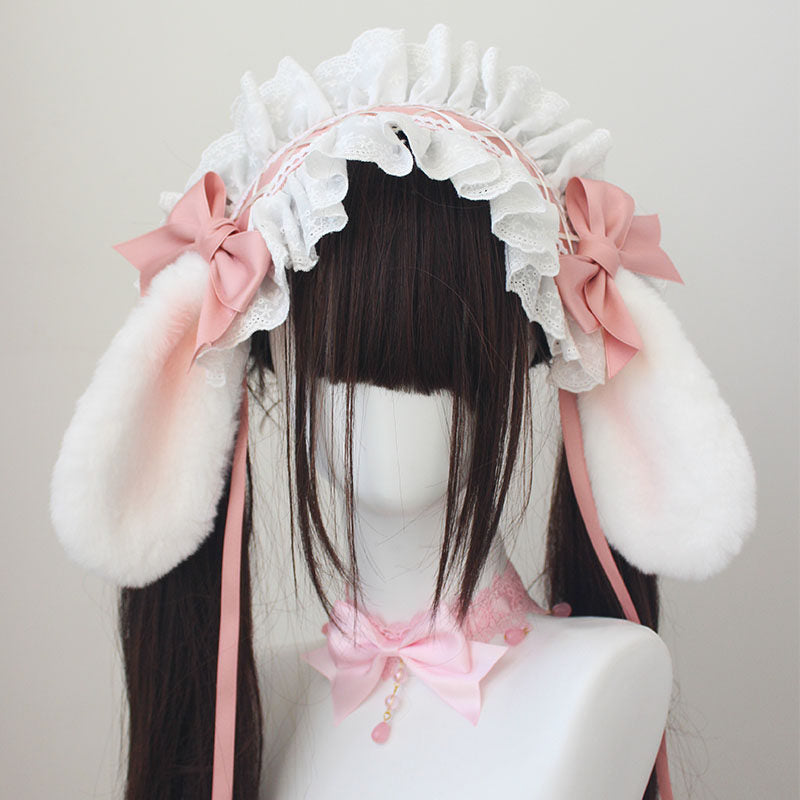 Original handmade multi-colored cute lop-eared rabbit headband cotton lace Lolita versatile soft girl Lolita head accessory