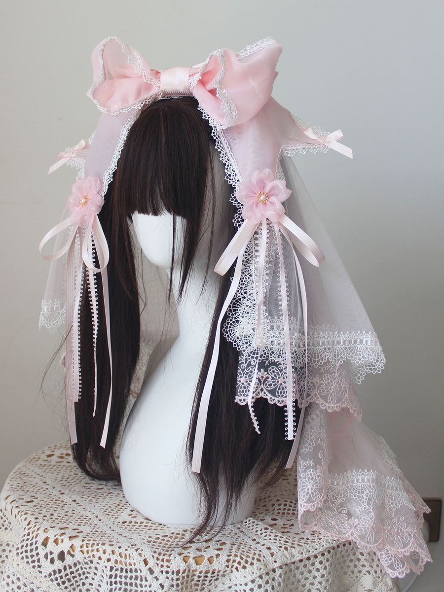 Confession under the cherry blossom tree: headband with bow, veil, hair tie, pink long-sleeved Lolita accessories