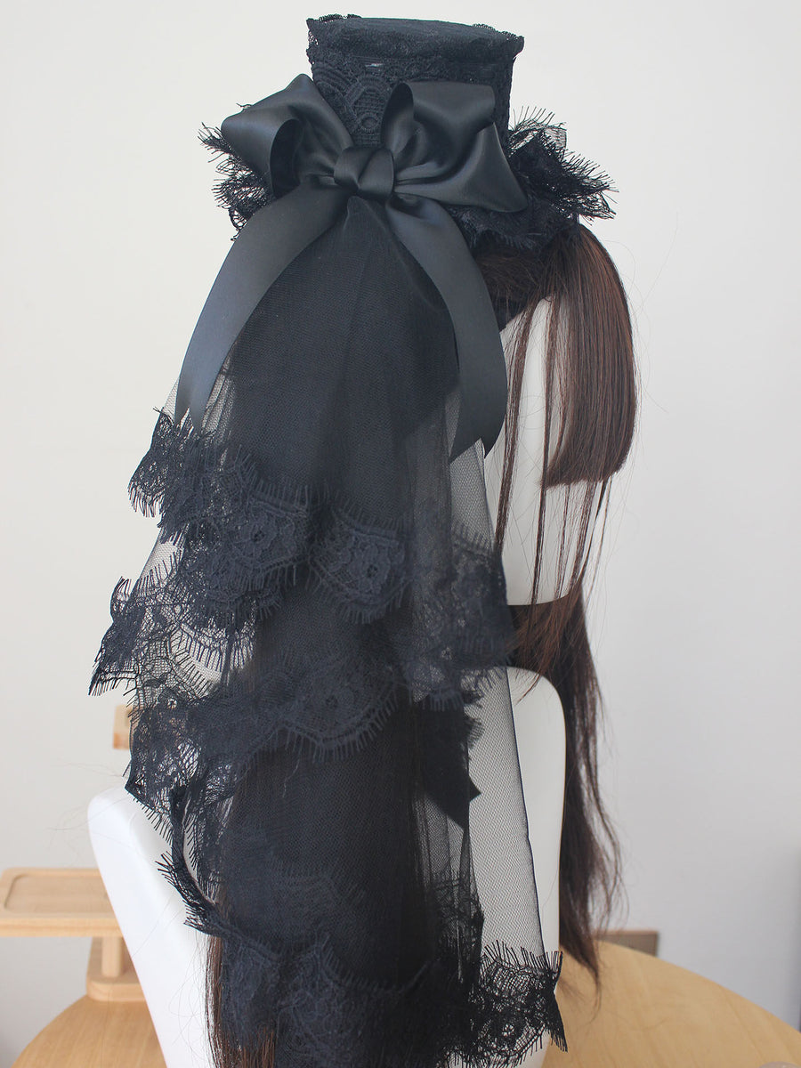 Qian Dui Xue Handmade Black Lace Gothic Top Hat Veil Sparrow Feather Lolita Accessories Hand Sleeve Necklace