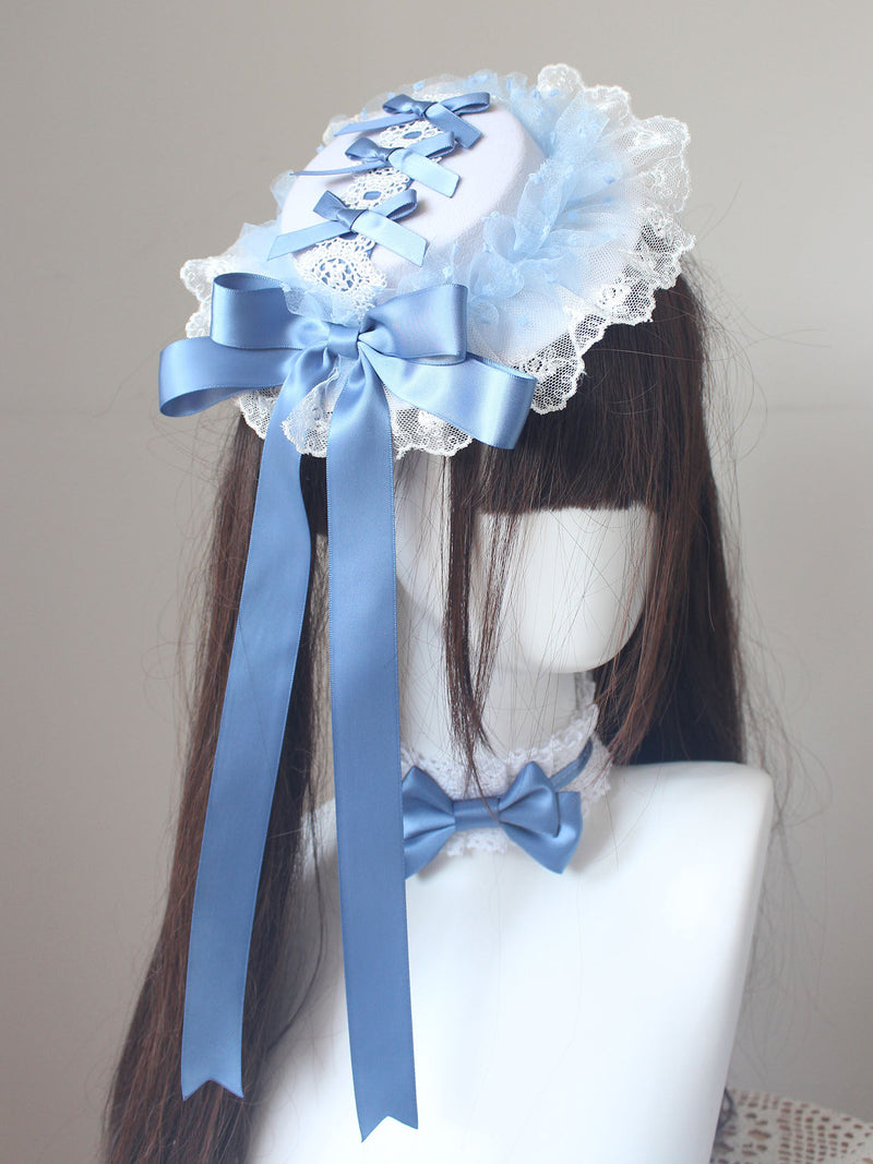 Original handmade misty blue hair accessories, deep misty blue elegant Lolita-style hats, headbands, sleeve clips, and hair ornaments