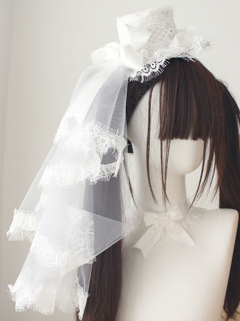 Original handmade white sparrow feather top hat, Lolita headband, snowflake-patterned accessories, Lolita hand sleeve necklace