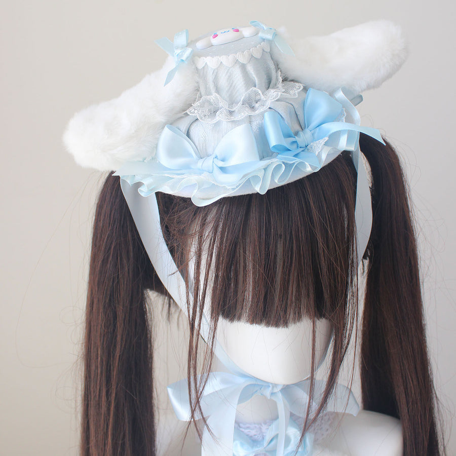 Imported ribbon, light blue polka dot trinkets, flowers and pearl box, cinnamon dog top hat, headband, top hat, cuff clip