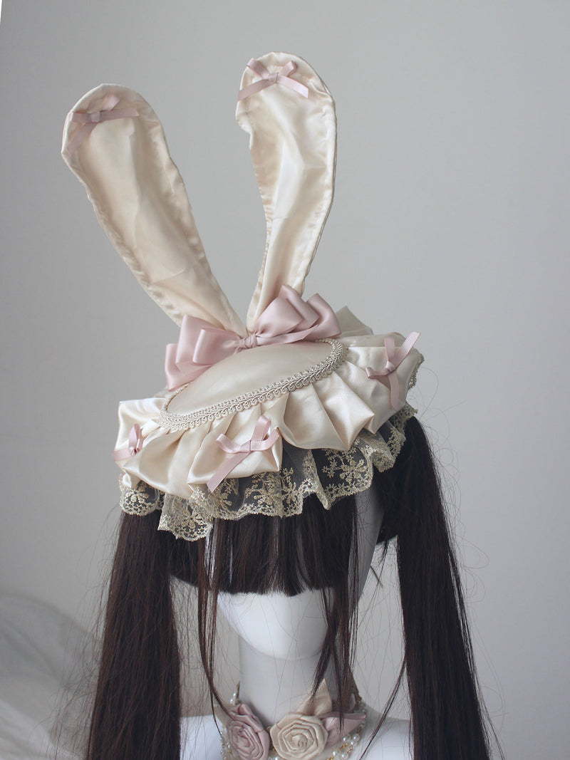 Lamplight Lolita handmade accessories, champagne-colored bunny ear hat, veil, rose headband, hand sleeves, and necklace