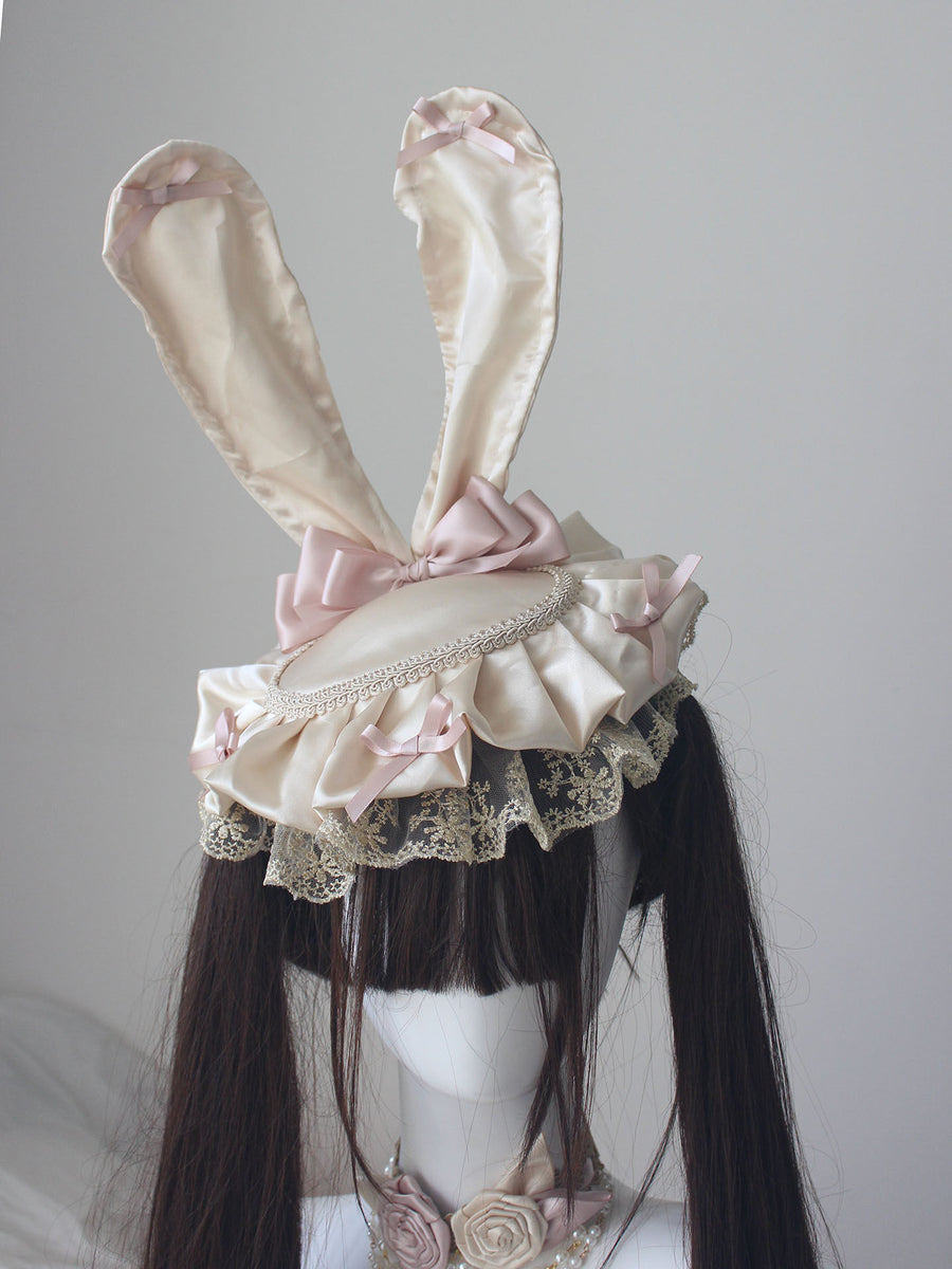 Lamplight Lolita handmade accessories, champagne-colored bunny ear hat, veil, rose headband, hand sleeves, and necklace