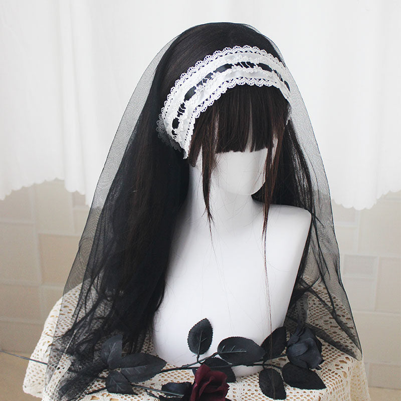 Original handmade black bubble dragon nun hat, gothic dark lolita nun headscarf, black and white headband