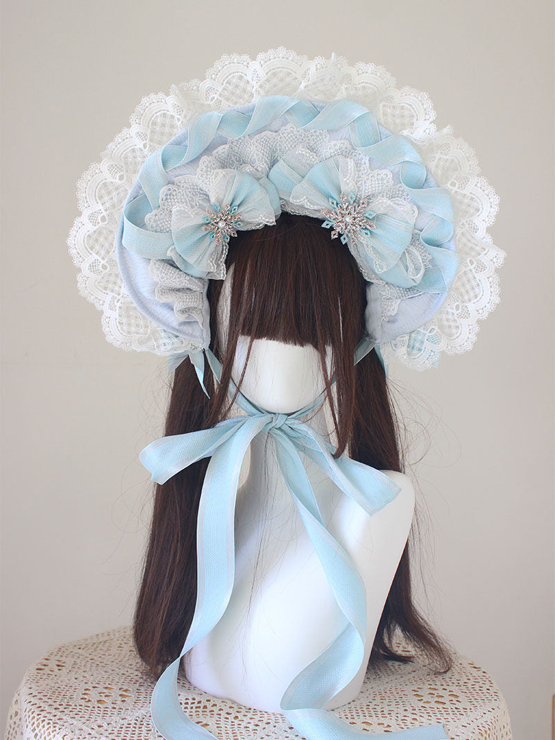 Christmas G light blue Bonnet hat veil BNT lace bow KC sleeve lolita hair clip headband